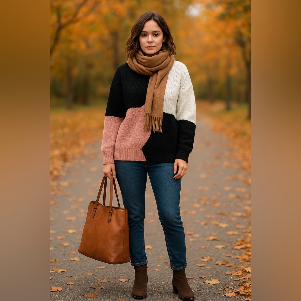 Elegant Colorblock Sweater - Pink, Black, White